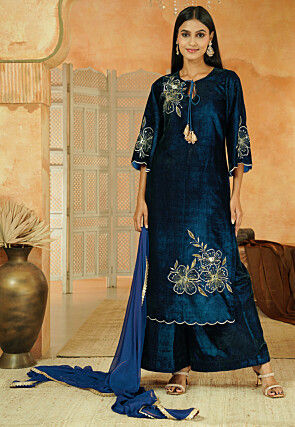 Embroidered Velvet Scalloped Pakistani Suit in Teal Blue