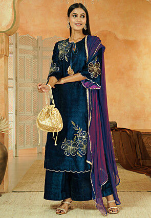 Embroidered Velvet Scalloped Pakistani Suit in Teal Blue