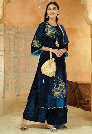Embroidered Velvet Scalloped Pakistani Suit in Teal Blue