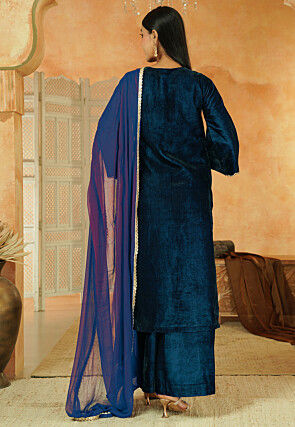 Embroidered Velvet Scalloped Pakistani Suit in Teal Blue