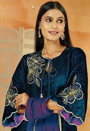 Embroidered Velvet Scalloped Pakistani Suit in Teal Blue