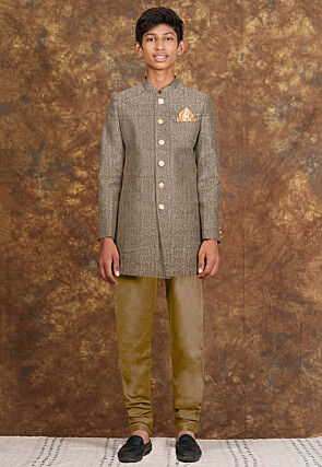 Embroidered Velvet Sherwani in Beige