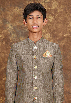 Embroidered Velvet Sherwani in Beige