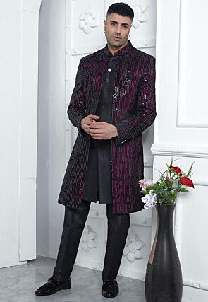 Embroidered Velvet Sherwani in Black and Purple