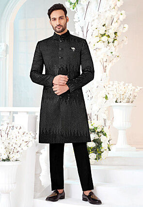 Embroidered Velvet Sherwani in Black