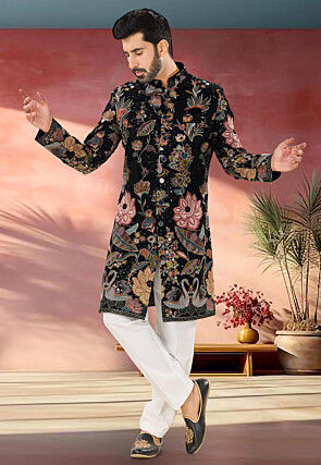 Embroidered Velvet Sherwani in Black