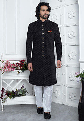 Embroidered Velvet Sherwani in Black