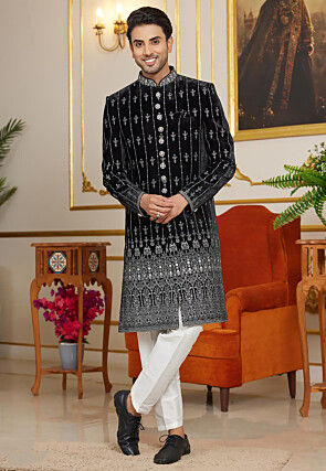 Embroidered Velvet Sherwani in Black