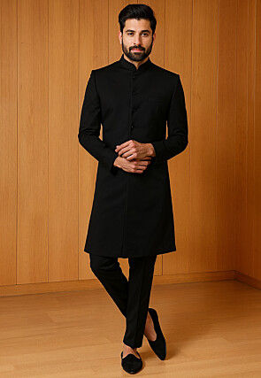 Solid Color Suede Sherwani in Black
