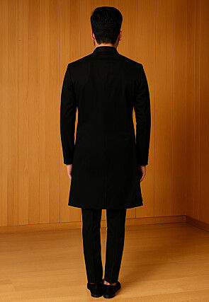 Solid Color Suede Sherwani in Black