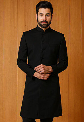 Solid Color Suede Sherwani in Black