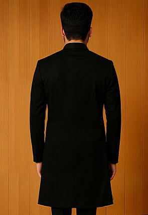 Solid Color Suede Sherwani in Black