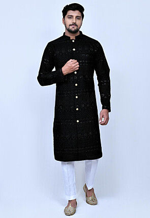 Embroidered Velvet Sherwani in Black