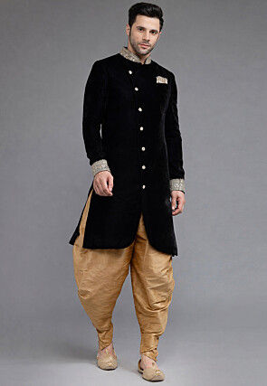 Embroidered Collar Velvet Sherwani in Black