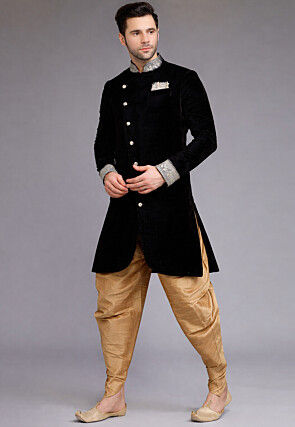 Embroidered Collar Velvet Sherwani in Black