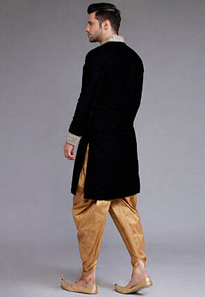 Embroidered Collar Velvet Sherwani in Black