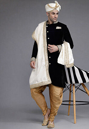 Embroidered Collar Velvet Sherwani in Black