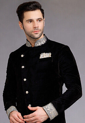 Embroidered Collar Velvet Sherwani in Black