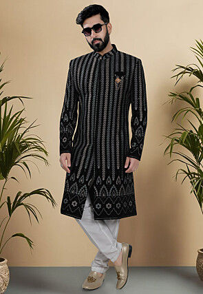 Embroidered Velvet Sherwani in Black