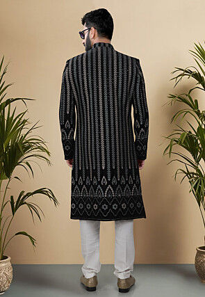 Embroidered Velvet Sherwani in Black