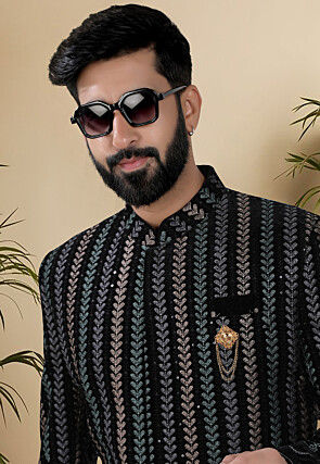 Embroidered Velvet Sherwani in Black