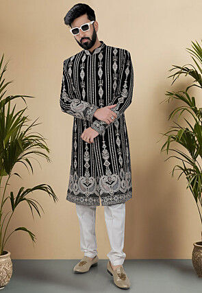 Embroidered Velvet Sherwani in Black