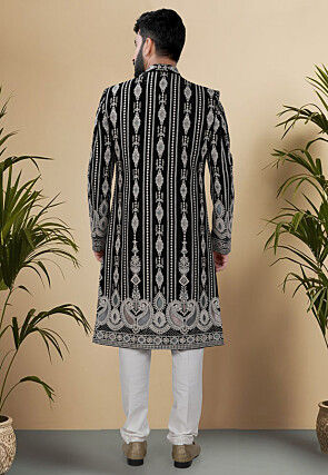Embroidered Velvet Sherwani in Black