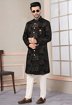 Embroidered Velvet Sherwani in Black