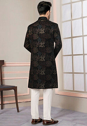 Embroidered Velvet Sherwani in Black