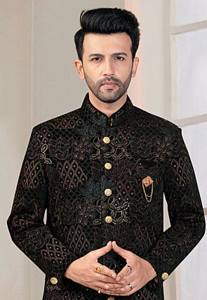Embroidered Velvet Sherwani in Black