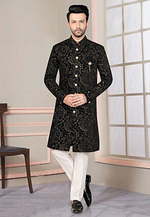 Embroidered Velvet Sherwani in Black
