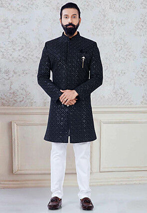 Embroidered Velvet Sherwani in Black