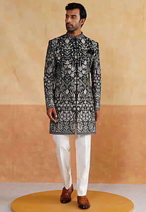 Embroidered Velvet Sherwani in Black