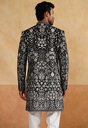 Embroidered Velvet Sherwani in Black