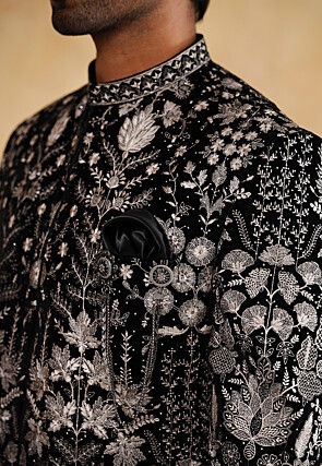 Embroidered Velvet Sherwani in Black