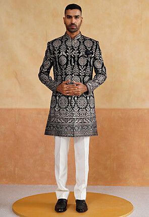 Embroidered Velvet Sherwani in Black