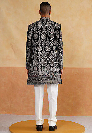 Embroidered Velvet Sherwani in Black