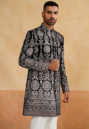 Embroidered Velvet Sherwani in Black