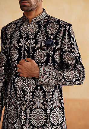 Embroidered Velvet Sherwani in Black