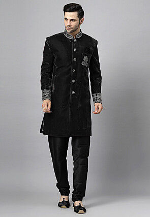 Embroidered Velvet Sherwani in Black