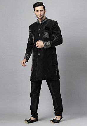 Embroidered Velvet Sherwani in Black