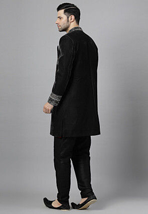 Embroidered Velvet Sherwani in Black