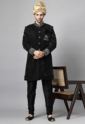 Embroidered Velvet Sherwani in Black
