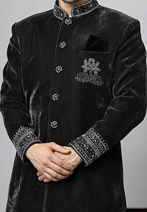Embroidered Velvet Sherwani in Black