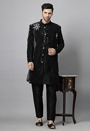 Embroidered Velvet Sherwani in Black
