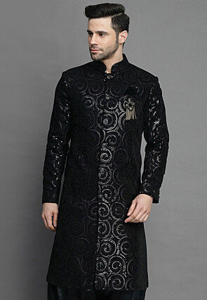 Embroidered Velvet Sherwani in Black