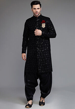 Embroidered Velvet Sherwani in Black
