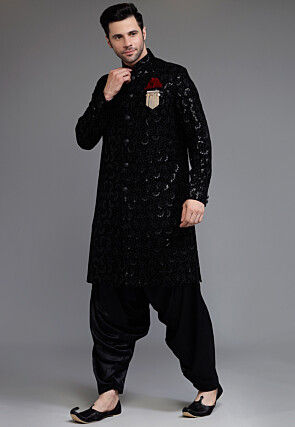 Embroidered Velvet Sherwani in Black