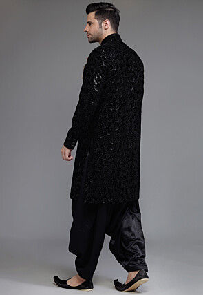 Embroidered Velvet Sherwani in Black