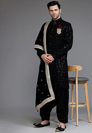 Embroidered Velvet Sherwani in Black